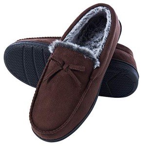 DL Men-Moccasin-Slippers-Indoor-Outdoor, Suede Mens House slippers with Memory Foam, Faux Fur Lining Bedroom Slippers for Men Non slip Outsole