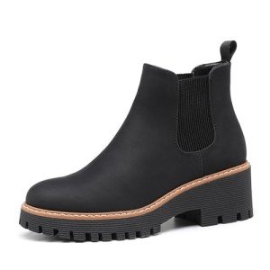 DECARSDZ Womens Black Chunky Platform Chelsea Boot With Elastic Low Wedge Heel Slip On For Fall Work Suede Leather Classic Style Ankle Boots Women