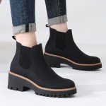 DECARSDZ Womens Black Chunky Platform Chelsea Boot With Elastic Low Wedge Heel Slip On For Fall Work Suede Leather Classic Style Ankle Boots Women