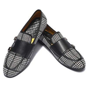 XQWFH Mens Casual Classic Plaid Loafer with Double Monk Strap, Penny Slip-On Wedding Party Prom Shoes for Men