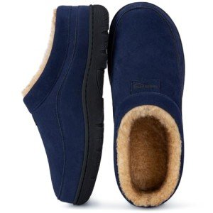 HomeTop Men's Moccasin Slippers Soft Warm Non-slip Memory Foam Indoor House Shoes with Fluffy Lining Navy, 13-14 US