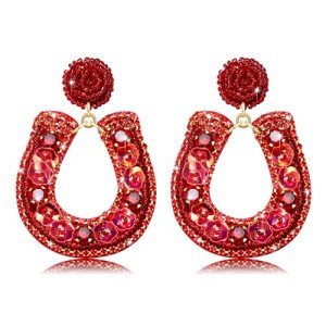 Derby Earrings, Beaded Floral Race Horse Earrings, Kentucky Derby Accessories, Western Horse Racing Fan Jewelry Gifts (Horseshoe Red)