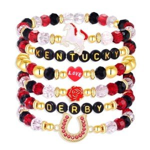 BSJELL 6 Pack Kentucky Derby Beaded Bracelet Stackable Derby Horse Horseshoes Beaded Stretch Bracelet Horse Racing Charm Bracelets Festive Derby Day Jewelry Gifts for Women