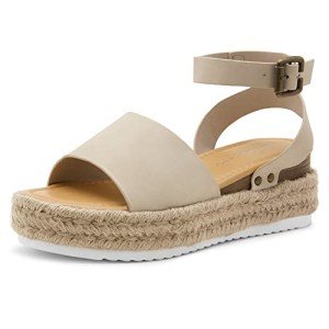 Shoe Land Legossa Womens Platform Sandals Ankle Strap Espadrilles Comfortable Open Toe Flatform Wedge Casual Sandal Black White Tan Platform Sandals for Summer, 1825/Beige, Size 11.0