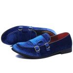 COSIDRAM Mens Dress Shoes Velvet Loafers Double Monk Strap Vintage Fashion Slip-on Suede Loafers Blue 11