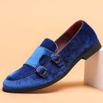 COSIDRAM Mens Dress Shoes Velvet Loafers Double Monk Strap Vintage Fashion Slip-on Suede Loafers Blue 11