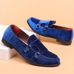 COSIDRAM Mens Dress Shoes Velvet Loafers Double Monk Strap Vintage Fashion Slip-on Suede Loafers Blue 11