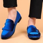 COSIDRAM Mens Dress Shoes Velvet Loafers Double Monk Strap Vintage Fashion Slip-on Suede Loafers Blue 11