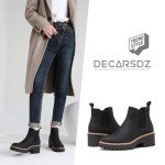 DECARSDZ Womens Black Chunky Platform Chelsea Boot With Elastic Low Wedge Heel Slip On For Fall Work Suede Leather Classic Style Ankle Boots Women