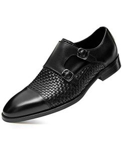 FRASOICUS Men ’s Dress Shoes Genuine Leather Single Monk Strap Slip-On Shoes for Formal Occasions 7.5 Black
