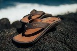 OluKai Ohana Men's Beach Sandals, Quick-Dry Flip-Flop Slides, Water Resistant & Lightweight, Compression Molded Footbed & Ultra-Soft Comfort Fit, Dark Java/Ray, 9