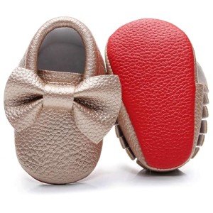 Double Bow Baby Moccasins - Soft Red Sole Baby Shoes Toddler Infant Fringe Girls Shoes (0-3months,10.5cm, 3M US Infant, Gold)
