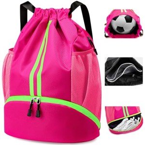 SOPIME Drawstring Backpack Gym Bag for Women, String Bags Sports Cinch Sackpack with Shoe Compartment and Waterproof Wet Pocket Large Gym Sack for Fitness Swim Basketball Soccer Beach (Pink)