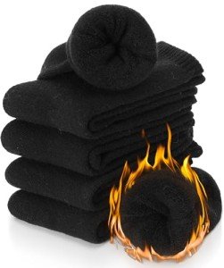 Merino Wool Socks Thermal Warm Winter Thick Hiking Boot Cabin Crew Cozy for Women Ladies Gift Stocking Stuffer Work Comfy Socks 5 Pack (Black Color) One Size