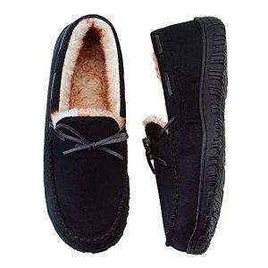 VLLy Mens Slippers Moccasins for Men Plush Lined Cozy House Bedroom Slippers Comfortable Slip on Flat Shoes with Memory Foam for Indoor Outdoor Use Black Size 11 US