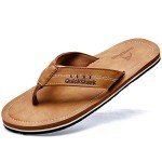 Quickshark Mens Flip Flops Thong Sandals Lightweight Beach Slippers Arch Support Leather 1-Khaki Size 7