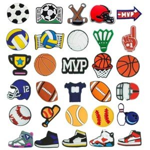 YBW 30-Pieces Shoe Charms Sports for Boys Croc Clogs, Basketball Soccer Softball Baseball Football Shoe Pins Decorations Accessories for Kids Gifts, button 0.47 inch