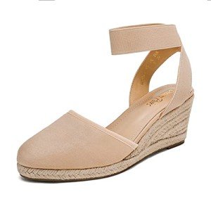 DREAM PAIRS Women's Nude Closed Toe Elastic Ankle Strap Espadrilles Wedge Sandals Size 7 M US Amanda-1
