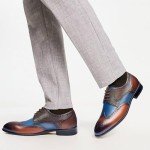 Jepsengord Men's Dress Shoes Genuine Leather Oxford Shoes Wingtip Brogue Two Tone Formal Business Derby Shoes for Men, Brown Blue, 14