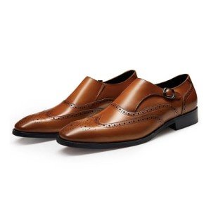 FRASOICUS Men ’s Dress Shoes Genuine Leather Monk Strap Wingtip Formal Shoes Slip-On Loafer 8.5 Brown