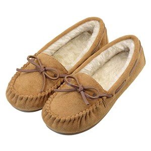 Vonair Women's Moccasin Slippers Micro Suede Warm Faux Fur Pile Lined Lace-Up Bow Cozy Indoor & Outdoor Moccasins Slip On Loafers Shoes for Women Tan US 7