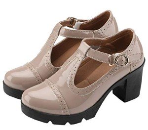 DADAWEN Women's Classic T-Strap Platform Mid-Heel Square Toe Oxfords Dress Shoes Apricot US Size 5