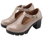 DADAWEN Women's Classic T-Strap Platform Mid-Heel Square Toe Oxfords Dress Shoes Apricot US Size 5