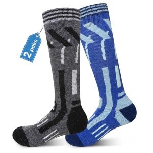 Kids Ski Socks Merino Wool Winter Warm Thermal Hiking Snowboarding Knee High Heavy Boot Socks for Toddler Boys Girls 2 Pairs(Grey/Blue, 8-12 Years)