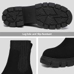 Athlefit Women's Black Chelsea Boots Fall Platform Ankle Boots Slip on Chunky Lug Sole Boots