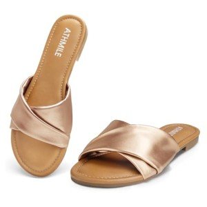 ATHMILE Sandals Women Dressy Summer Flat Comfortable Fashion Beach Cute Ladies Slides Leather Casual Dress Women's Sandals 2024 Gold Size 9