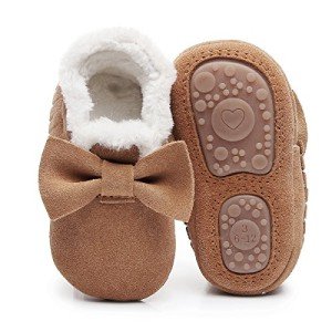 HONGTEYA Baby Moccasins With Fur Fleece Rubber Soles Warm Snow Boots Leather Baby Shoes For Boys Girls (18-24m/5.71”, Bow-brown)