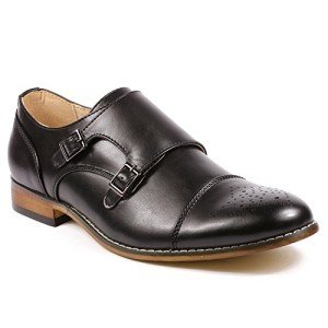 Metrocharm MC100 Men's Perforated Cap Toe Double Monk Strap Dress Shoes (9, Black)
