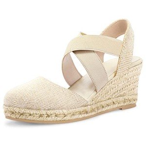 mysoft Women's Closed Toe Crisscross Elastic Ankle Strap Platform Espadrille Wedge Sandals