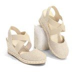 mysoft Women's Closed Toe Crisscross Elastic Ankle Strap Platform Espadrille Wedge Sandals