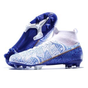 curunect Soccer Cleats Mens Women High-top Spikes AG Football Boots Outdoor Professional Training Futsal Soccer Shoes for Big Boys, Blue/White/Gold, US Men 8