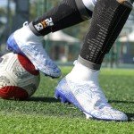 curunect Soccer Cleats Mens Women High-top Spikes AG Football Boots Outdoor Professional Training Futsal Soccer Shoes for Big Boys, Blue/White/Gold, US Men 8