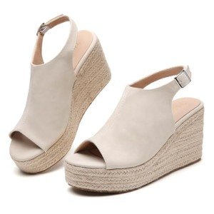 Tilocow Beige Espadrilles Wedges for Women Open Toe Ankle Strap Platform Dressy Casual Sandals Travel Slides Size 8