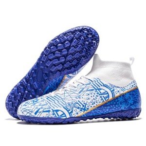 curunect Indoor Turf Soccer Shoes Mens Women High-top Soccer Cleats Youth Professional Training Futsal Boots for Big Boys Tacos de Futbol para Hombre, Blue/White/Gold, US Men 9.5