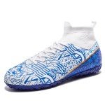 curunect Indoor Turf Soccer Shoes Mens Women High-top Soccer Cleats Youth Professional Training Futsal Boots for Big Boys Tacos de Futbol para Hombre, Blue/White/Gold, US Men 9.5