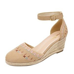 DREAM PAIRS Women's Espadrilles Closed Toe Ankle Strap Dressy Platform Wedge Sandals,Size 9.5,Nude,AMANDA-2