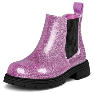 K KomForme Girls Glitter Ankle Boots Side Zipper Chelsea Booties Lug Sole (Toddler/Little Kids/Big Kids)