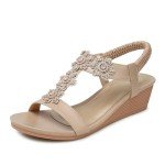 SHIBEVER Women's Beige Flower Wedge Sandals