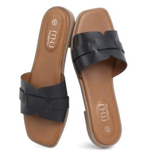 MUSSHOE Fashion Flat Summer Sandals for Women 2024-Black Sandals Women,Comfortable Leather Slides, Dressy Beach Footwear Cute Memory Foam Mules Braided Open Toe Design