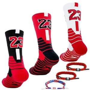 Popuid 3 Pairs Elite Basketball Crew Socks, 23 Mens Athletic Sock with Shoelace Bracelets, League Team Sports-Star-Fans Gift (Set 1)
