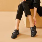 BEAU TODAY Women's Oxford Shoes, Leather Monk Strap Oxfords Shoes for Women, Casual Brouge Wingtip Dress Oxford Shoes, Comfort Office Business Double Buckles Design Slip-on Black 7