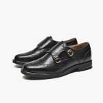 BEAU TODAY Women's Oxford Shoes, Leather Monk Strap Oxfords Shoes for Women, Casual Brouge Wingtip Dress Oxford Shoes, Comfort Office Business Double Buckles Design Slip-on Black 7