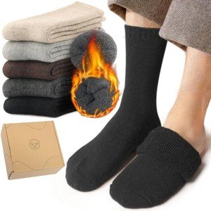 Toes Home Mens Socks for Winter, Warm Crew Wool Thermal Thick Hiking Boot Socks for Valentines Day Cozy Soft Heated for Cold Weather 5 Pairs Black