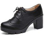 DADAWEN Women's Classic T-Strap Platform Mid-Heel Square Toe Oxfords Dress Shoes Black US Size 7