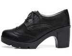 DADAWEN Women's Classic T-Strap Platform Mid-Heel Square Toe Oxfords Dress Shoes Black US Size 7