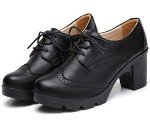 DADAWEN Women's Classic T-Strap Platform Mid-Heel Square Toe Oxfords Dress Shoes Black US Size 7